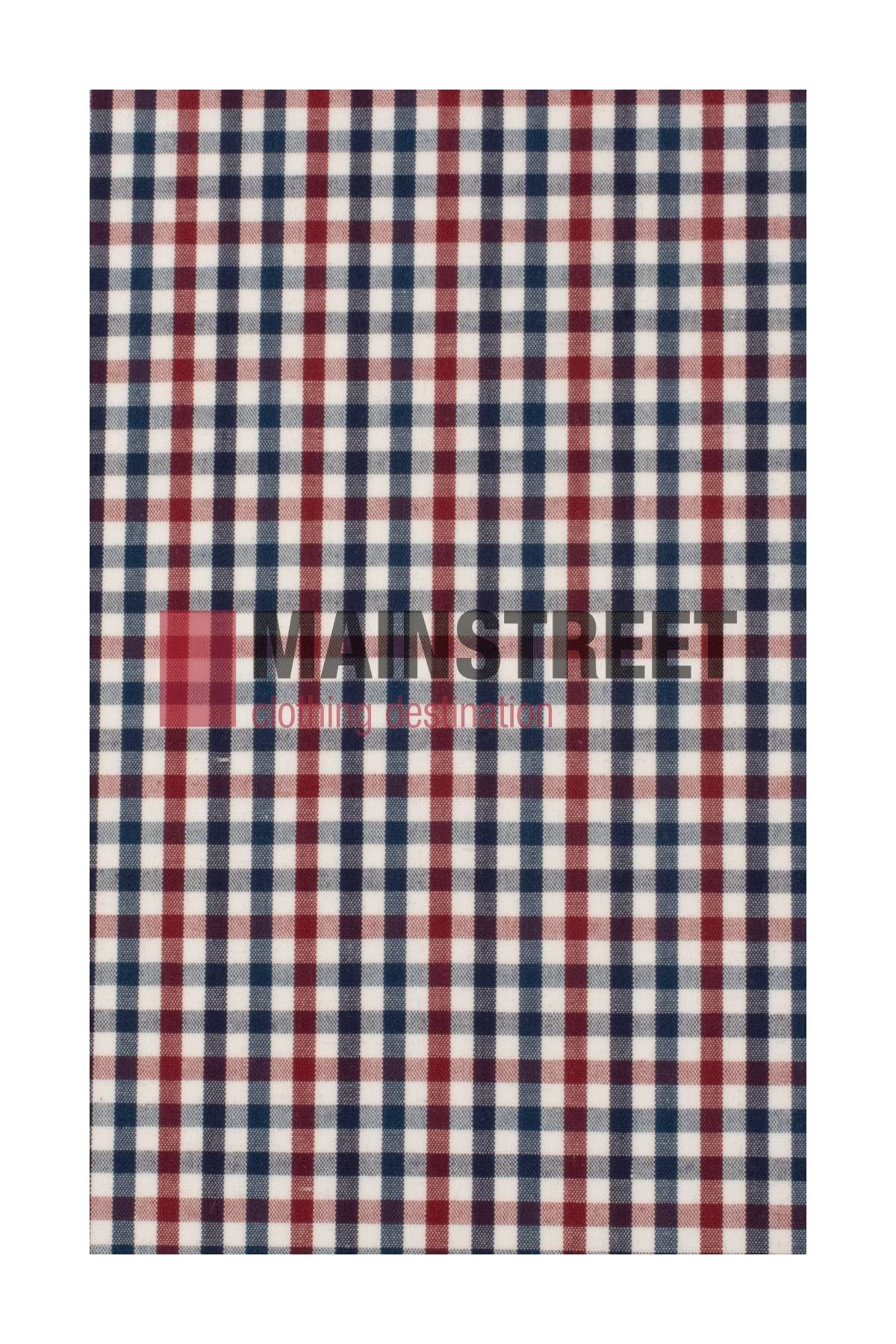 The Bisley Countryman Shirt features a red, navy, and white grid pattern with "MAINSTREET coming destination" in faded black and red text. Made from a durable polyester/cotton blend, it's ideal for styling with buttoned cuffs.