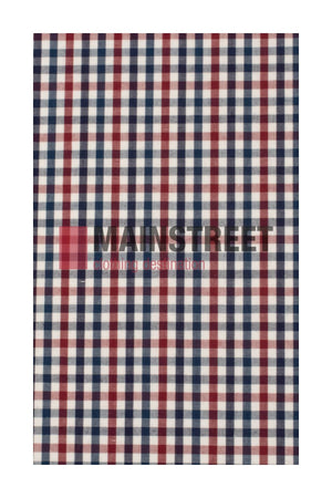The Bisley Countryman Shirt features a red, navy, and white grid pattern with "MAINSTREET coming destination" in faded black and red text. Made from a durable polyester/cotton blend, it's ideal for styling with buttoned cuffs.