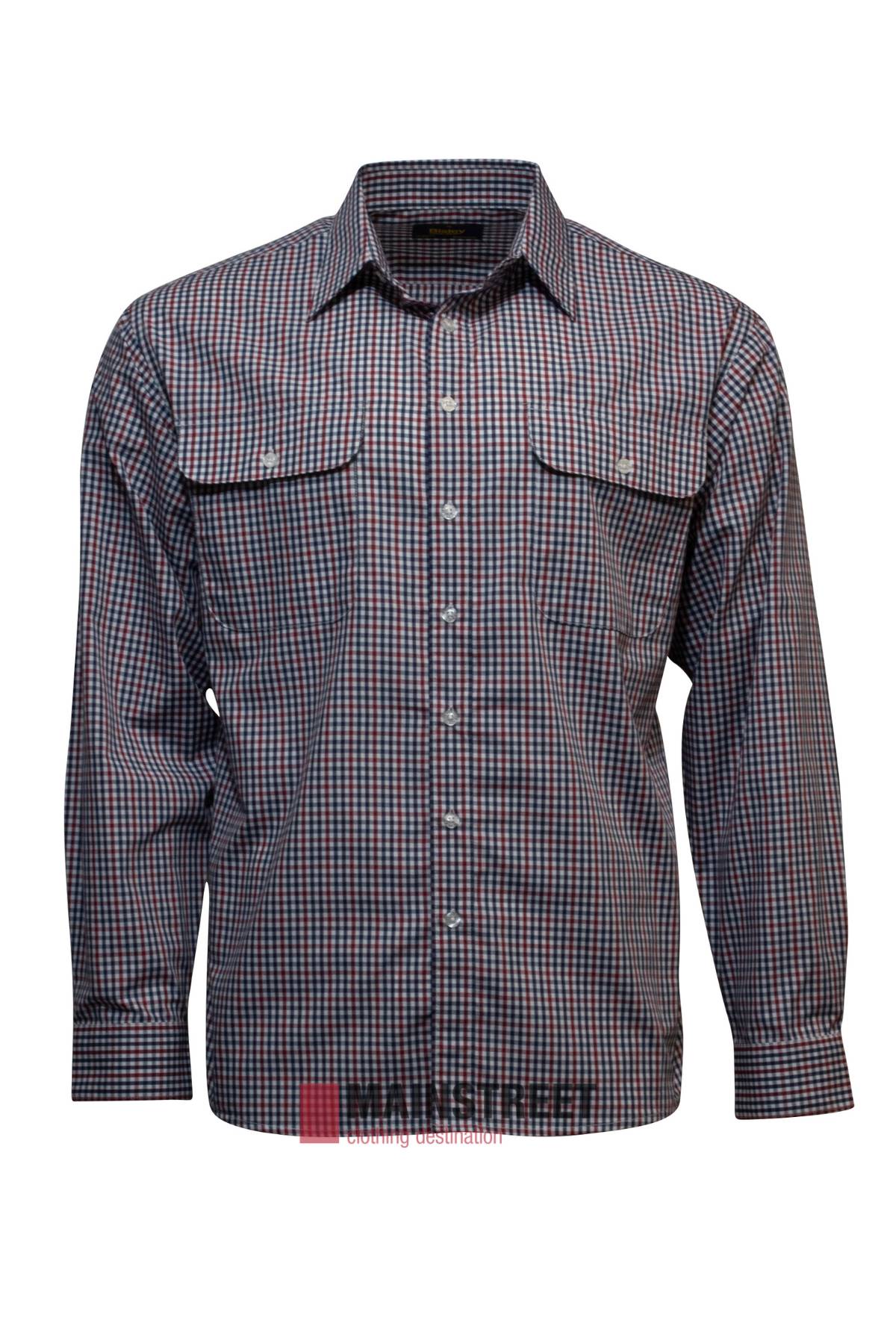 The Bisley Countryman Shirt is a long-sleeved button-up with a small navy, white, and red checkered pattern. Made from a polyester/cotton blend, it includes buttoned cuffs and two chest pockets with button closures.