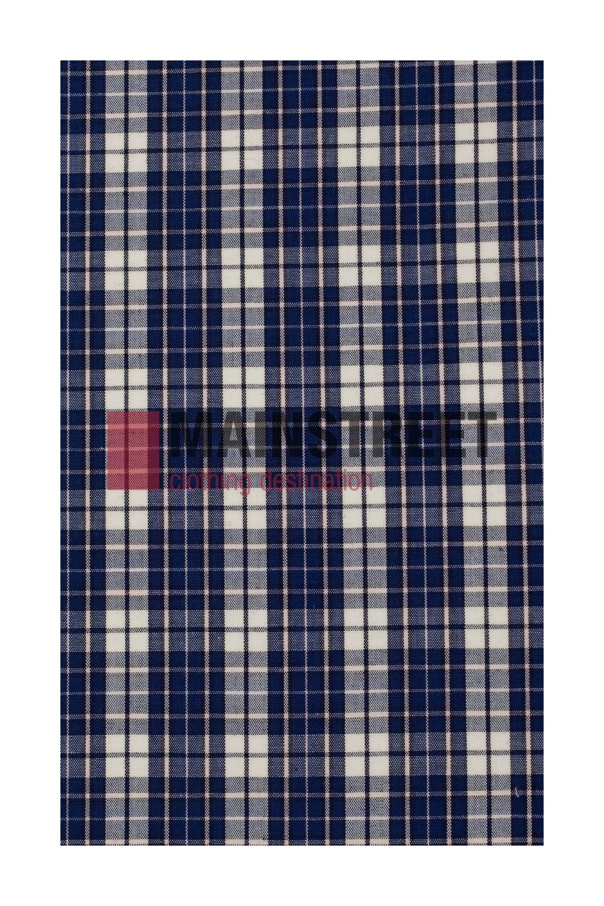 Navy blue, white, and gray plaid pattern of evenly spaced stripes forming squares with a watermark across the center. Perfect for the Bisley Countryman Shirt made from a durable polyester/cotton blend.