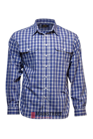 The Bisley Countryman Shirt is a men's long-sleeve, button-up shirt in blue, white, and black plaid made from a durable polyester/cotton blend with two chest pockets featuring button flaps.