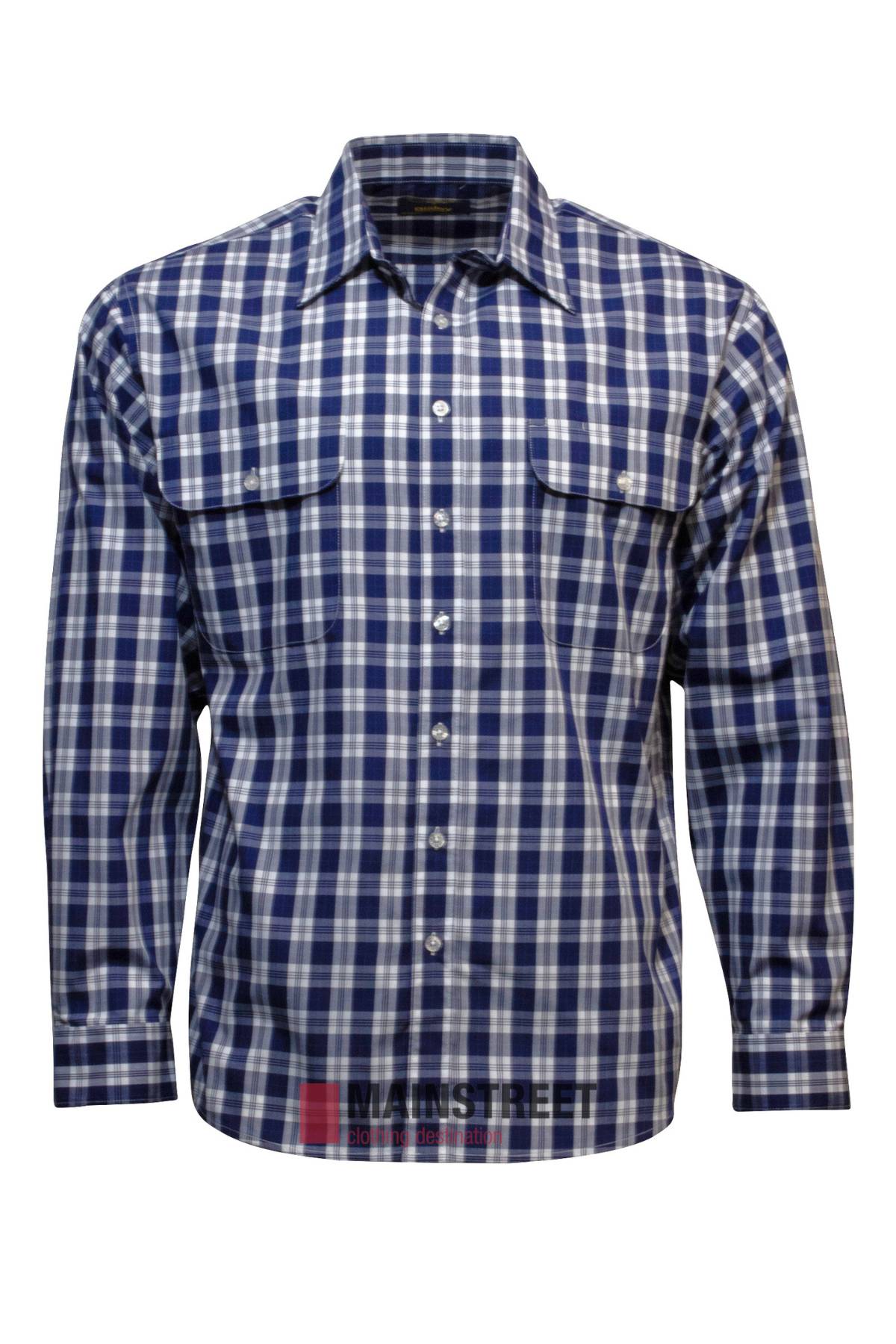 The Bisley Countryman Shirt, shown on a white background, features blue and white plaid, long sleeves, front chest pockets, a collar, and is made from a durable polyester/cotton blend.