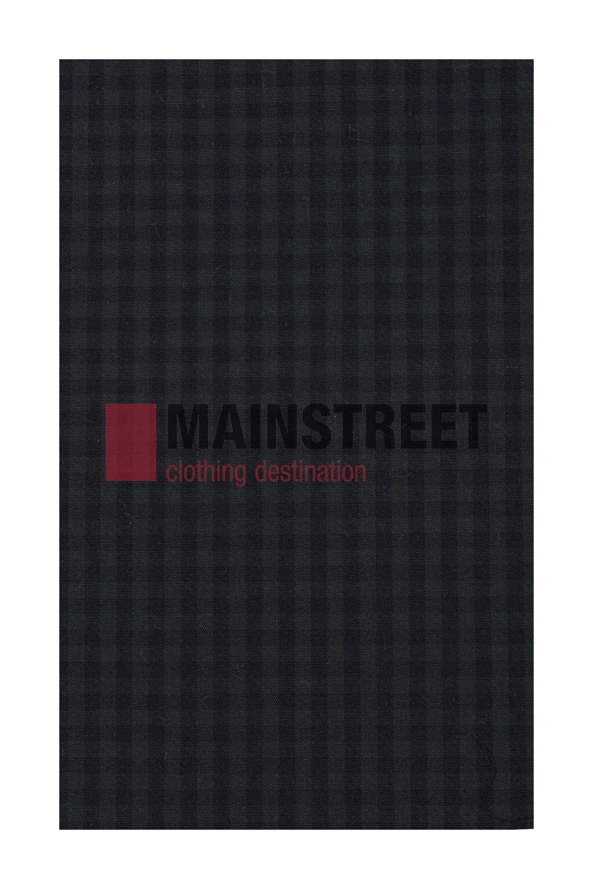 A dark plaid background with "MAINSTREET" in black and "clothing destination" in red evokes the classic Bisley style. A solid red square on the left signifies our Polyester/Cotton blend collection, ideal for creating your perfect Bisley Countryman Shirt.
