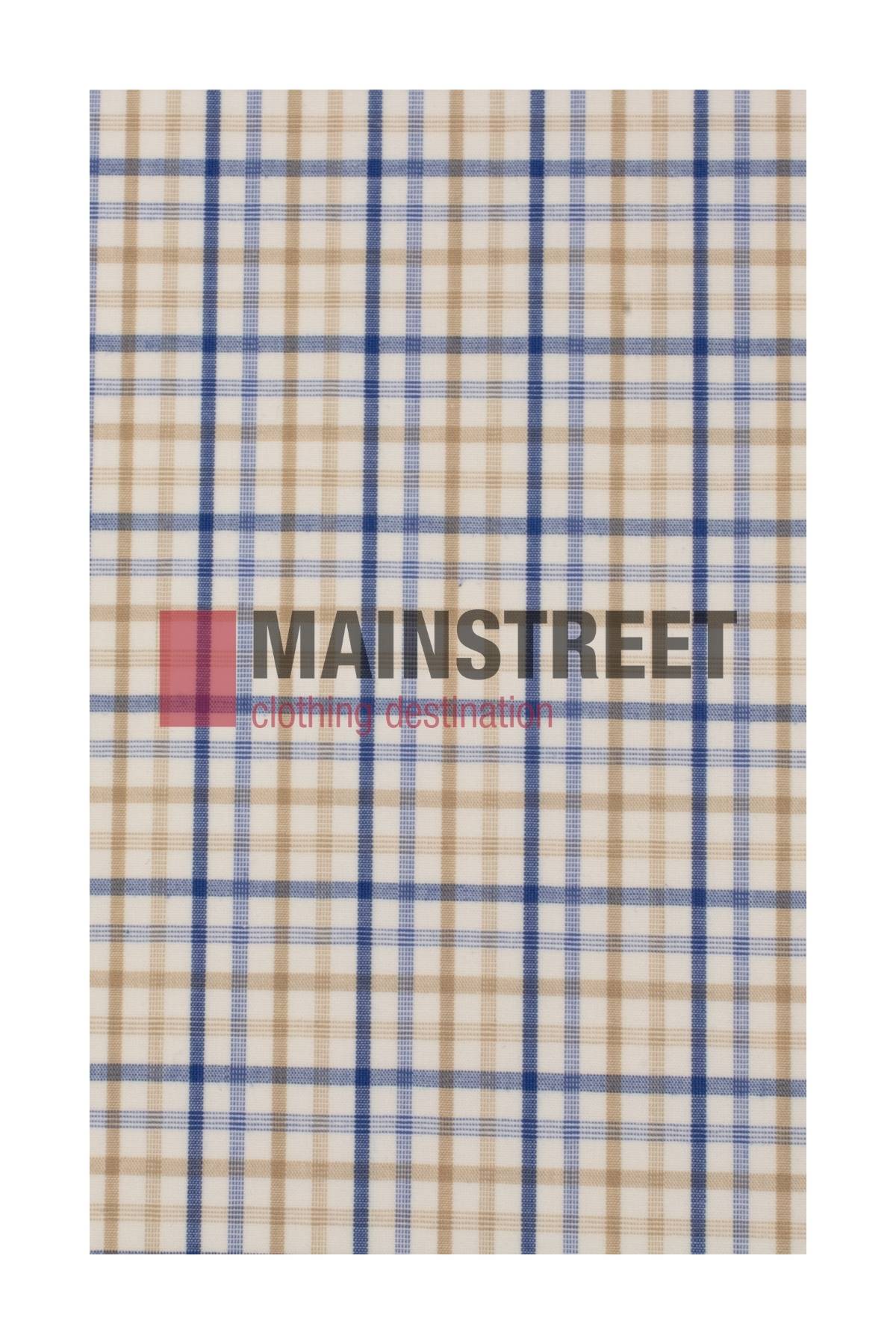 A plaid pattern with blue, beige, and white squares displays "MAINSTREET clothing destination" in black and red font, reminiscent of the classic Bisley Countryman Shirt made from a quality polyester/cotton blend.