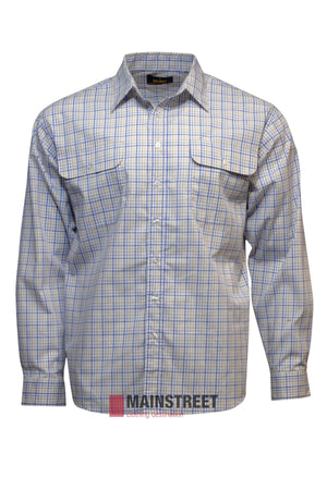 The Bisley Countryman Shirt is a long-sleeve, button-up with a blue and white plaid pattern. Made from durable polyester/cotton blend, it includes a collar, two chest pockets, and features the iconic Mainstreet logo at the bottom.