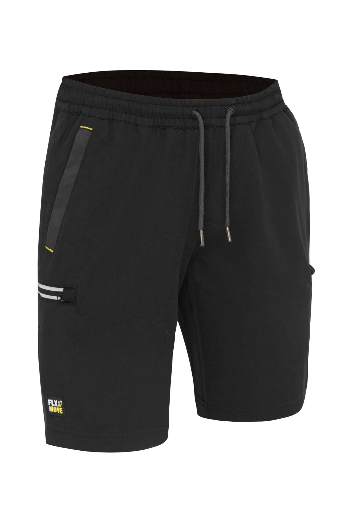 The Bisley Flex & Move 4 Way Stretch Elastic Waist Cargo Short in black features a drawstring waist, side pockets, and a small yellow "Flex Move" logo on the left leg. Made from 4-way stretch fabric, these shorts include a subtle stripe detail on the right pocket to enhance style and mobility.