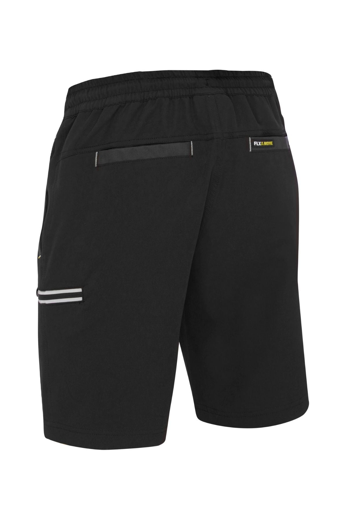 The Bisley Flex & Move 4 Way Stretch Elastic Waist Cargo Shorts are black and crafted from 4-way stretch fabric with Cordura® material for enhanced durability. These shorts feature two back pockets equipped with zippers and white accents, with the "Flex Move" label displayed above the right pocket. The image shows the shorts from a rear perspective.