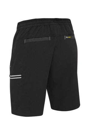 The Bisley Flex & Move 4 Way Stretch Elastic Waist Cargo Shorts are black and crafted from 4-way stretch fabric with Cordura® material for enhanced durability. These shorts feature two back pockets equipped with zippers and white accents, with the "Flex Move" label displayed above the right pocket. The image shows the shorts from a rear perspective.