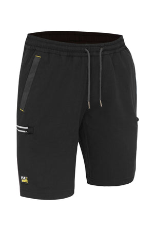 The Bisley Flex & Move 4 Way Stretch Elastic Waist Cargo Short in black features a drawstring waist, side pockets, and a small yellow "Flex Move" logo on the left leg. Made from 4-way stretch fabric, these shorts include a subtle stripe detail on the right pocket to enhance style and mobility.