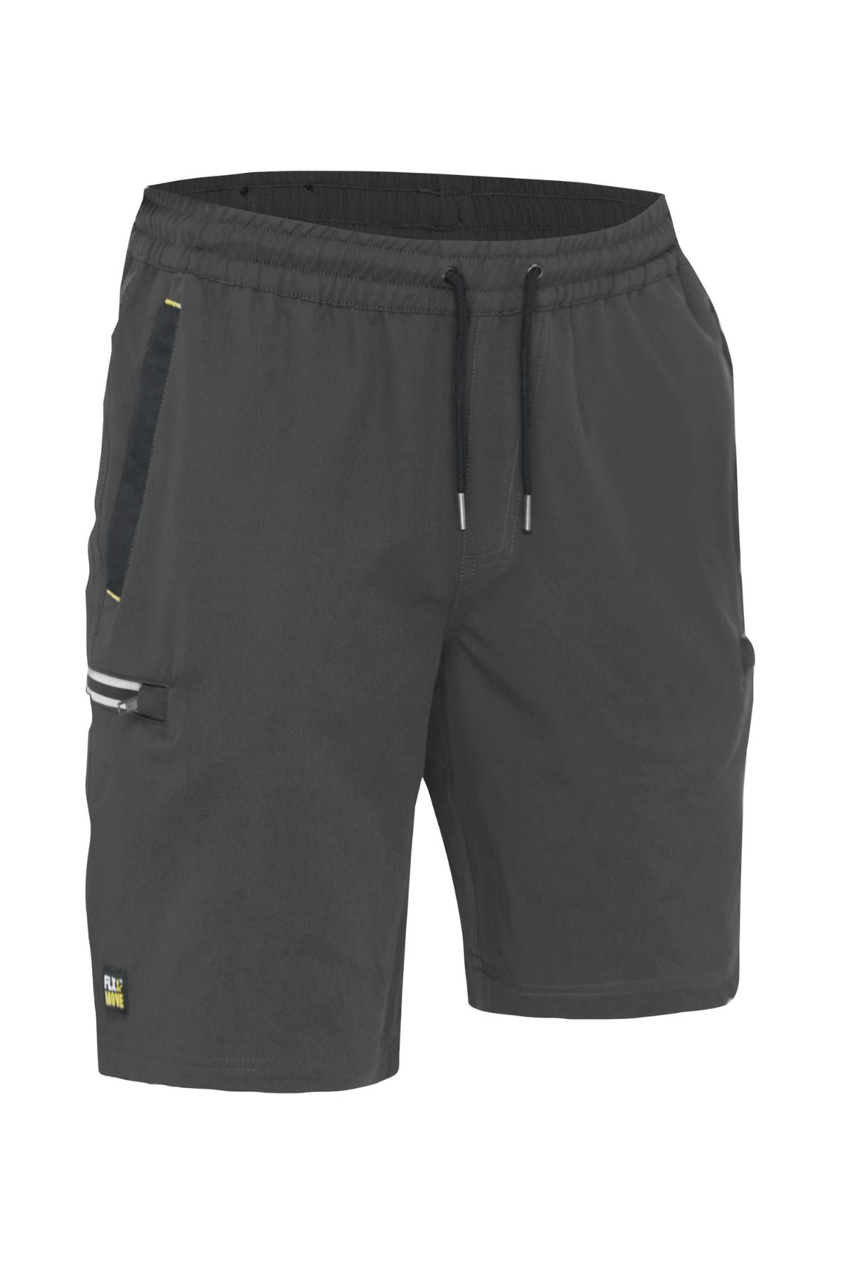 The Bisley Flex & Move 4 Way Stretch Elastic Waist Cargo Short comes in dark grey and features a drawstring waistband with side pockets. Made from durable Cordura® 4-way stretch fabric, these shorts also include a small reflective strip on the left pocket. A subtle logo is located near the hemline, seamlessly blending style and functionality for any activity.