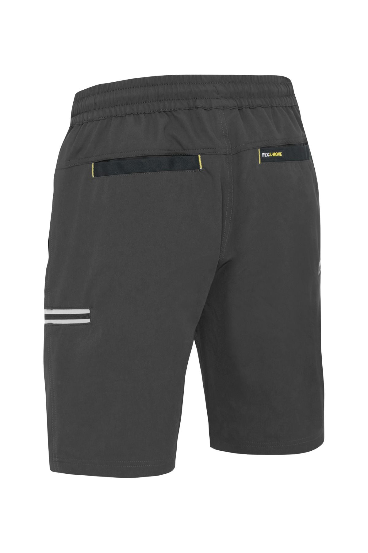 The Bisley Flex & Move 4 Way Stretch Elastic Waist Cargo Short is designed in black with side-view features, crafted from 4-way stretch fabric. It includes an elastic waistband, a small reflective stripe along the side, and discreet pockets with a 'FKN MOVE' label above one pocket for enhanced flexibility and style during every movement.