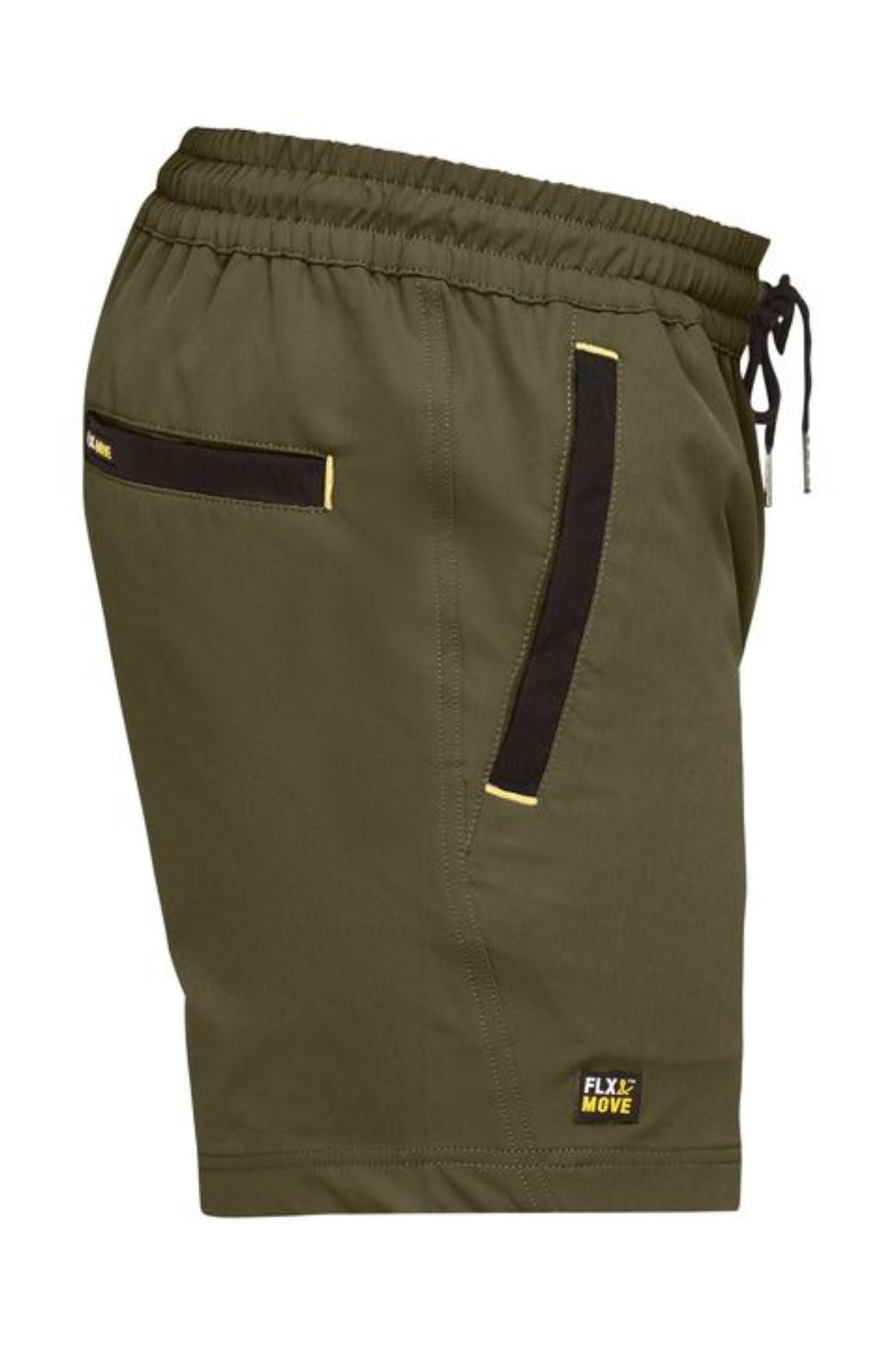 Side view of Bisley Flex & Move 4 Way Stretch Elastic Waist Short in olive green, featuring black and yellow details, 4-way stretch fabric, elastic waistband with drawstring, back pocket, and small "FLY MOVE" logo near the hem.