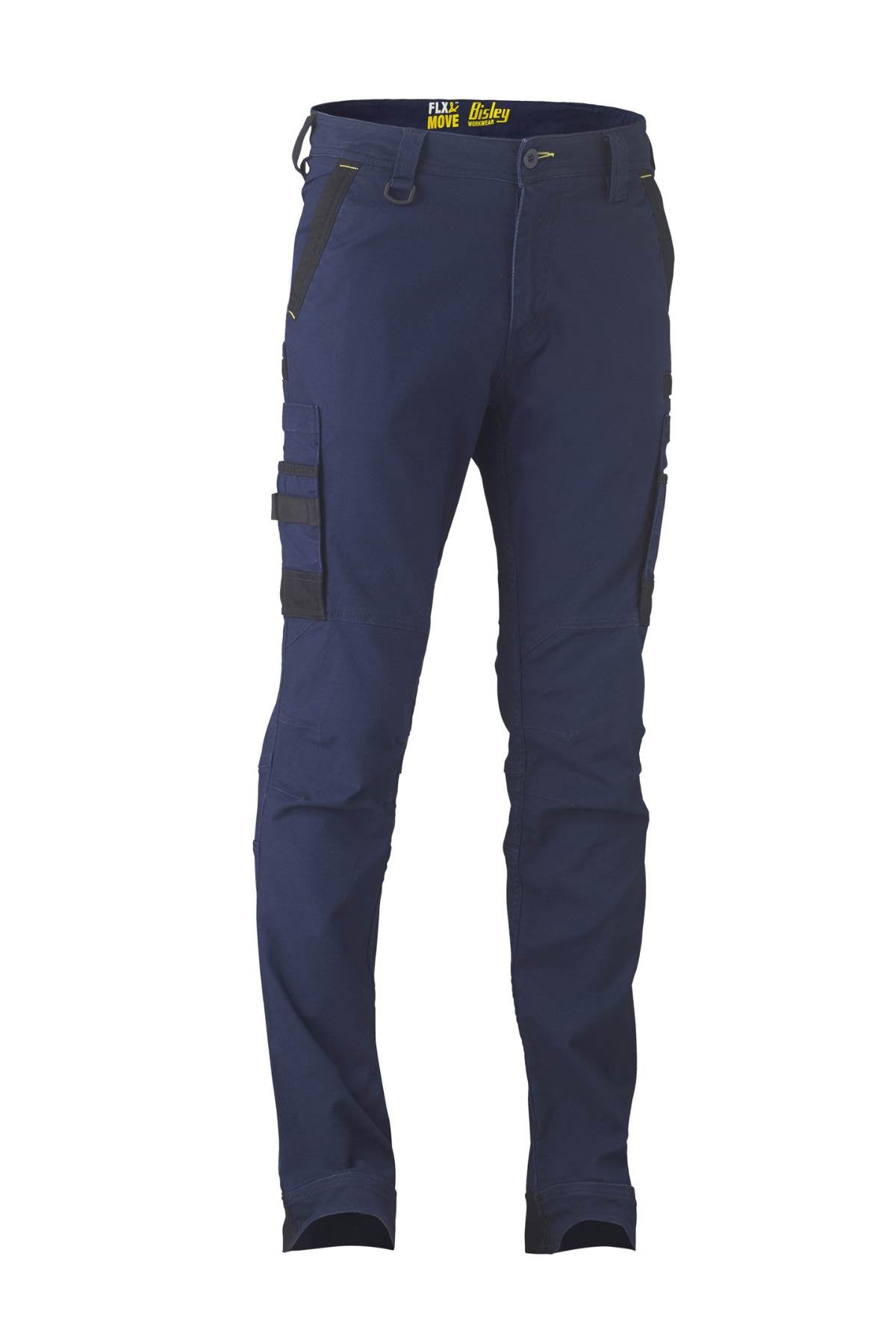 The Bisley Flex & Move Stretch Utility Cargo Pant comes in dark blue with a slim fit, featuring a cargo pocket and Cordura highlights for added durability. It includes multiple side pockets, black accents for style, and has a label at the waistband that reads "Blue Wave Liberty.
