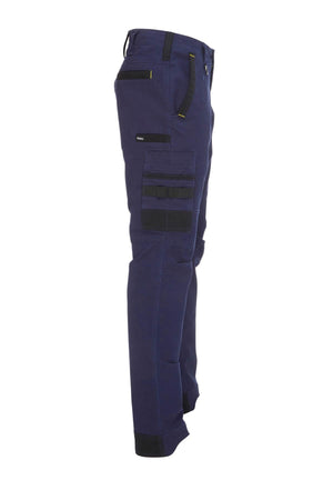 Side view of the Bisley Flex & Move Stretch Utility Cargo Pant in dark blue, featuring multiple cargo pockets on the side. The pants are designed with black accents and a fitted silhouette, enhanced by Cordura highlights for added durability, making them ideal for outdoor or work use.