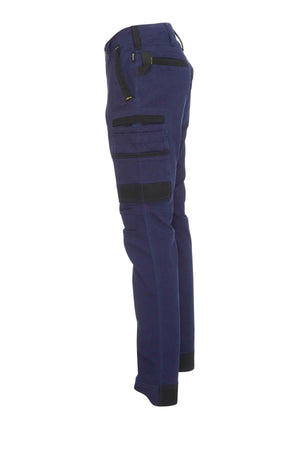 A pair of Bisley Flex & Move Stretch Utility Cargo Pants in dark blue, featuring multiple cargo pockets and black Cordura highlights, captured from the side. Designed with belt loops for both utility and style.