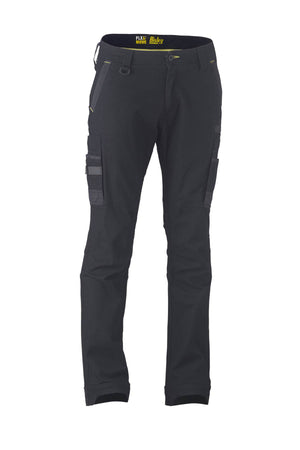 The Bisley Flex & Move Stretch Utility Cargo Pant is designed for durability and functionality in demanding work environments, featuring black fabric with multiple cargo pockets and yellow accents, along with reinforced Cordura knee areas and sturdy belt loops.