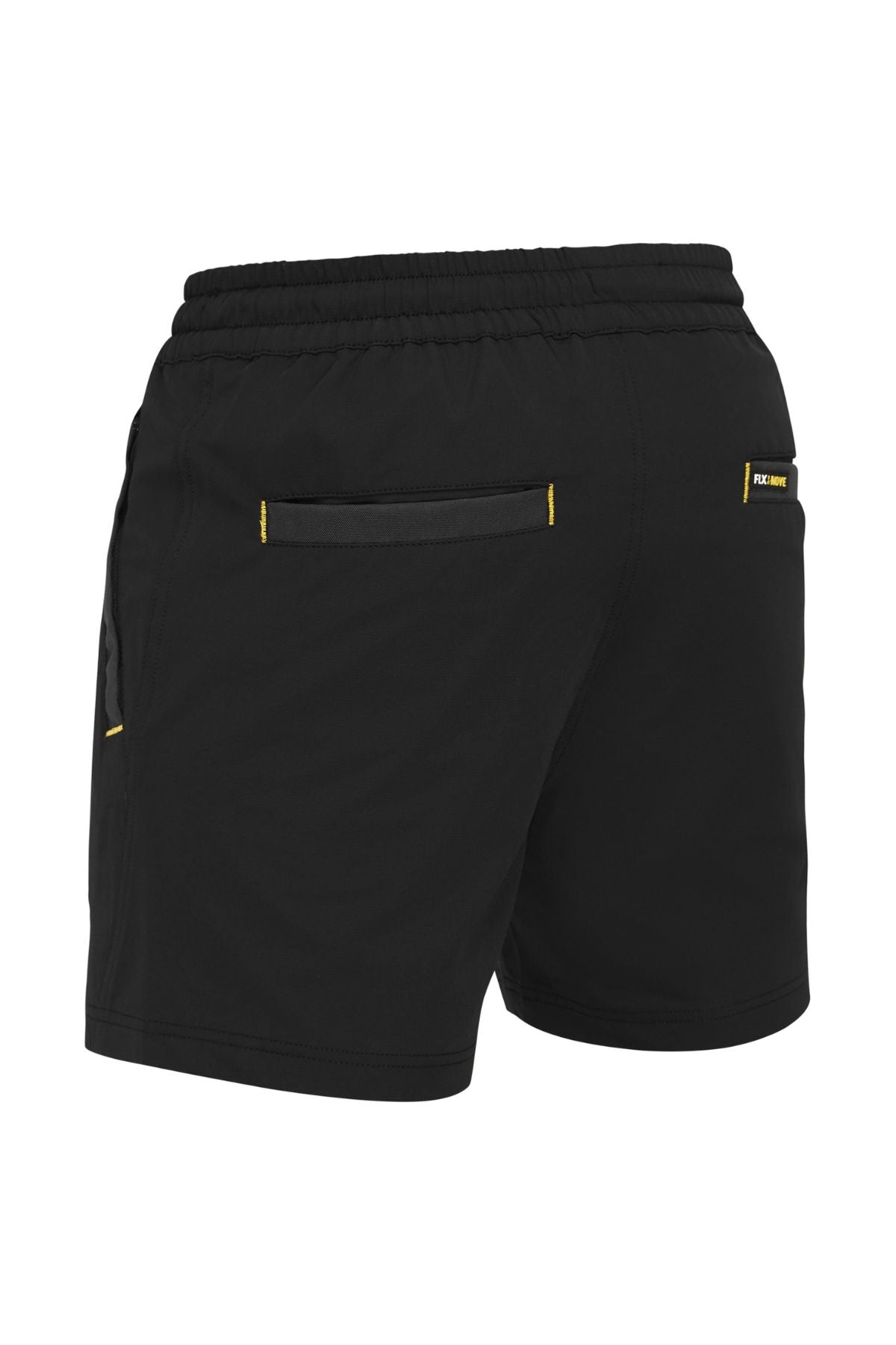 Experience the Bisley Flex & Move 4 Way Stretch Elastic Waist Short in black, showcasing its rear view with an elastic waistband and distinctive yellow accent stitching. This design includes two back pockets, one adorned with a small label nearby. Crafted for ultimate comfort, the shorts feature a 4-way stretch fabric that offers lightweight ease of movement, making them perfect for sports or casual wear.