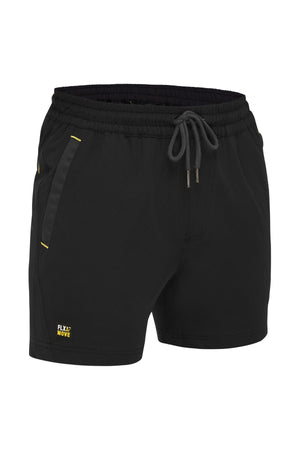 Enjoy unparalleled comfort and durability with our Bisley Flex & Move 4 Way Stretch Elastic Waist Short. These black athletic shorts, designed with a drawstring waistband, side pockets, and yellow accents, feature Cordura durability and 4-way stretch. The "FLX MOVE" logo is prominently displayed on the lower left.
