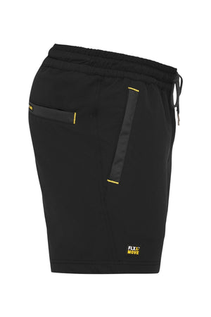 Side view of the Bisley Flex & Move 4 Way Stretch Elastic Waist Short in black with yellow accents. Designed for Cordura durability, these shorts include an elastic waistband, drawstring, and zippered side pockets. The fabric offers 4-way stretch for comfort, highlighted by a small "Fly Move" logo on the hem.