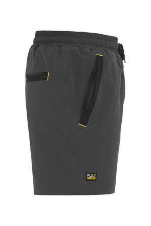 The Bisley Flex & Move 4 Way Stretch Elastic Waist Short features an elastic waistband with a black drawstring. Made from Cordura, these shorts offer 4-way stretch for superior comfort. They include two side pockets and a back pocket highlighted by yellow stitching, along with a small "FLX MOVE" logo on the lower side. The material is lightweight and breathable.