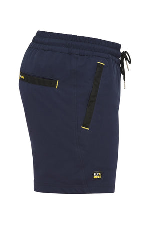 Introducing the Bisley Flex & Move 4 Way Stretch Elastic Waist Short in navy blue, enhanced with black and yellow accents. These shorts are crafted with 4-way stretch Cordura® fabric and come equipped with an elastic waistband, a drawstring for a customizable fit, convenient side pockets, and feature a subtle "FLX MOVE" logo near the hem.