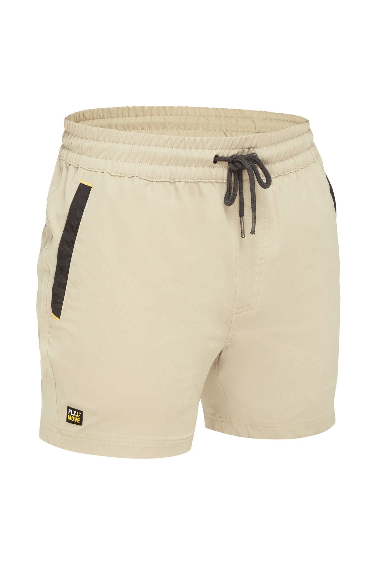 Introducing the Bisley Flex & Move 4 Way Stretch Elastic Waist Short: These beige casual shorts come with a Cordura® elastic waistband and drawstring, featuring black accents on the side pockets. A small branded patch is positioned near the hem, offering 4-way stretch fabric for ultimate comfort and mobility.