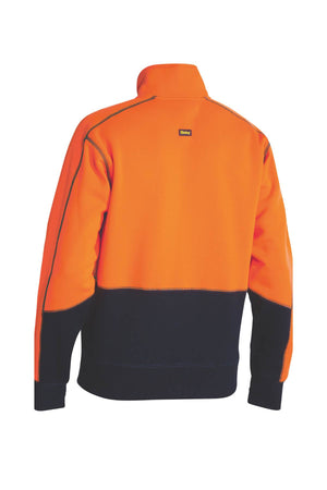 The Bisley Hi Vis 1/4 Zip Pullover Fleece is displayed from the back, showcasing a high collar and long sleeves. The vibrant orange upper section enhances its hi-vis pullover style, while the navy blue lower section provides a sleek contrast. A small logo is visible near the collar on the back.