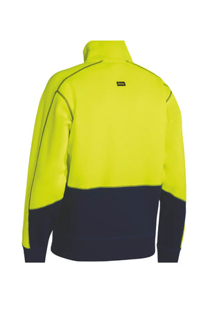 A back view of the Bisley Hi Vis 1/4 Zip Pullover Fleece showcases its striking two-tone design with a high collar, crafted from durable fleece. The upper section is bright yellow, while the lower part is dark blue. This pullover features visible seam lines and a small tag near the collar for added style.
