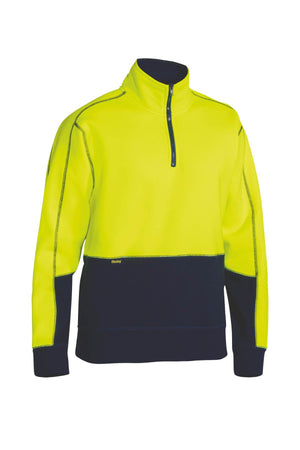 The Bisley Hi Vis 1/4 Zip Pullover Fleece showcases a bright yellow top paired with a dark blue bottom, made from robust polyester fleece. It features a quarter-zip front, long sleeves with dark blue cuffs, and is enhanced by dark blue accent stitching along the seams for a fashionable touch.