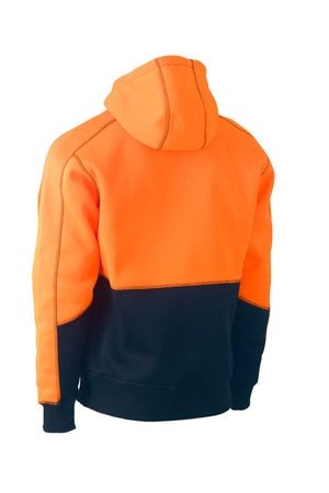 The Bisley Hi Vis Fleece Hoodie Pullover showcases a fashionable two-toned design with an orange top and a black bottom, complete with long sleeves and a hood, viewed from the back. Crafted from polyester fabric, it offers a soft and comfortable feel along with fleece lining for enhanced warmth.