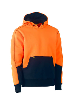 The Bisley Hi Vis Fleece Hoodie Pullover is a vibrant orange and black polyester hoodie designed with a large front pocket and a cozy fleece lining. It features a hood equipped with orange drawstrings, along with black accents on the pocket and sleeves that create a striking contrast.
