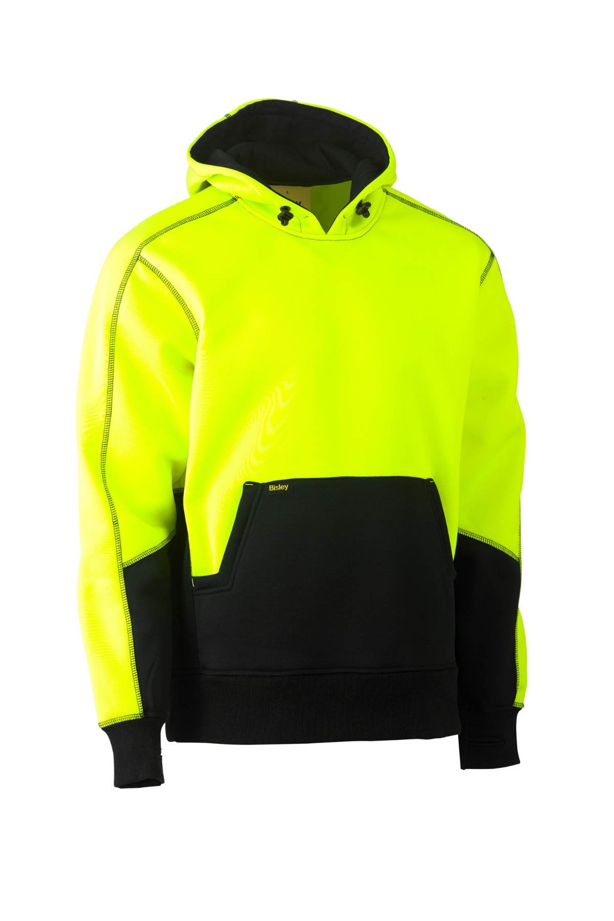 Introducing the Bisley Hi Vis Fleece Hoodie Pullover: a vibrant yellow and black hoodie featuring a front pocket and adjustable hood. It boasts contrasting black panels on the sides and bottom, complemented by cozy fleece lining. The black cuffs and waistband ensure a snug fit, offering exceptional comfort for everyday wear.