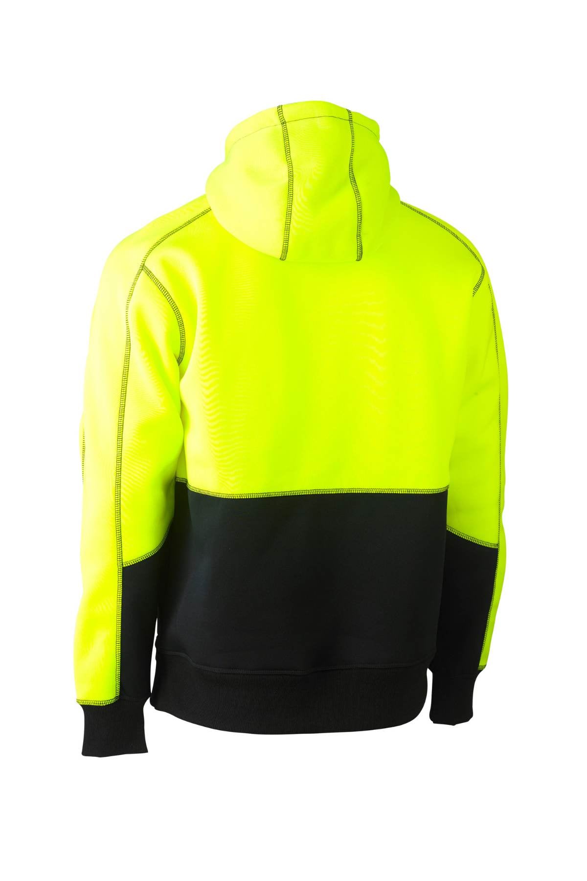 Introducing the Bisley Hi Vis Fleece Hoodie Pullover, designed with a comfortable fit and vibrant yellow and black color scheme. The contrasting stitching on the seams enhances its stylish look, while the high-visibility yellow top seamlessly pairs with a black color block on the lower half. A cozy fleece lining ensures warmth, as viewed from the back.