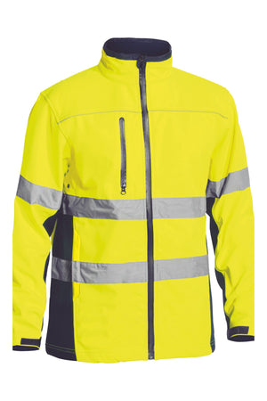 Introducing the Bisley Hi Vis Soft Shell Taped Jacket: a vibrant yellow, water-resistant jacket featuring reflective silver tape across the chest and arms. This jacket offers comfort with a front zipper, a zippered chest pocket, and is designed with a black collar and sides.