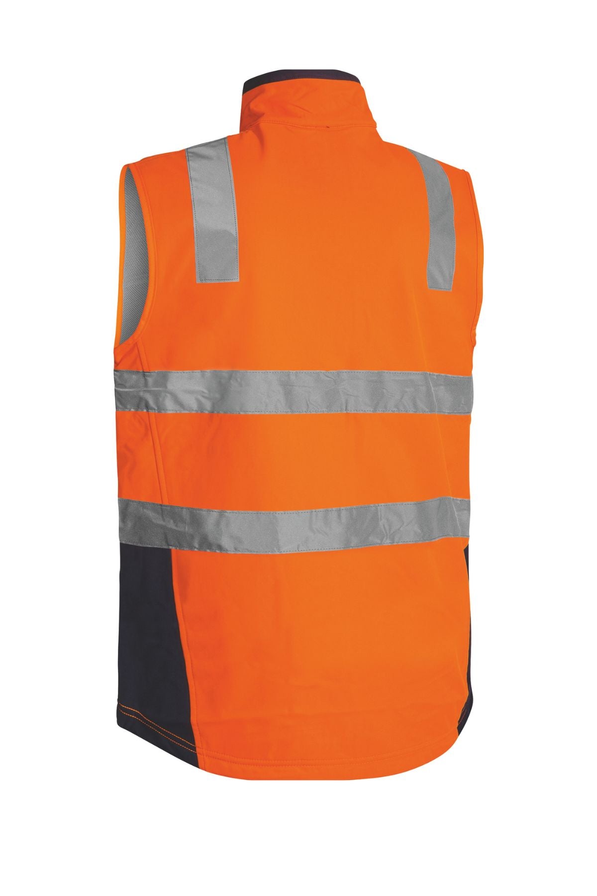 The Bisley Hi Vis Soft Shell Taped Vest is a sleeveless, high-visibility orange safety vest with a reflective taped pattern and silver stripes on the back. It features a high collar for comfort and maximum visibility in any environment.