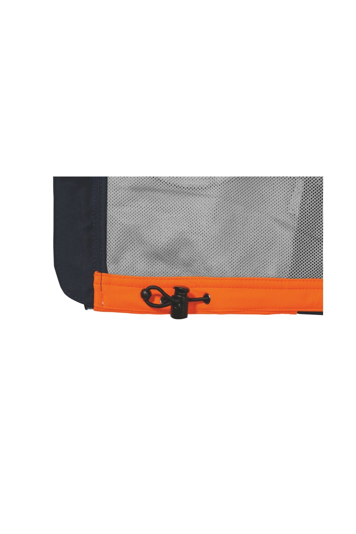 Close-up of the Bisley Hi Vis Soft Shell Taped Vest fabric panel, highlighting a black toggle clasp on an orange edge with mesh and dark material. The toggle string is looped, providing a secure fastening mechanism.