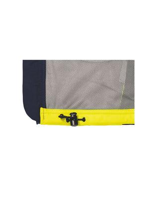 Close-up of the Bisley Hi Vis Soft Shell Taped Vest showcasing its mesh fabric with a vibrant yellow border, similar to a high-visibility vest. A black drawstring equipped with an adjustable toggle runs along the yellow edge, indicating a fastening mechanism. The background is white.