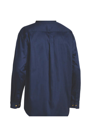 Back view of the Bisley Original Cotton Drill Shirt, a long-sleeved, dark blue work shirt made from cotton, featuring buttoned cuffs, a center pleat, and UPF 50+ protection.