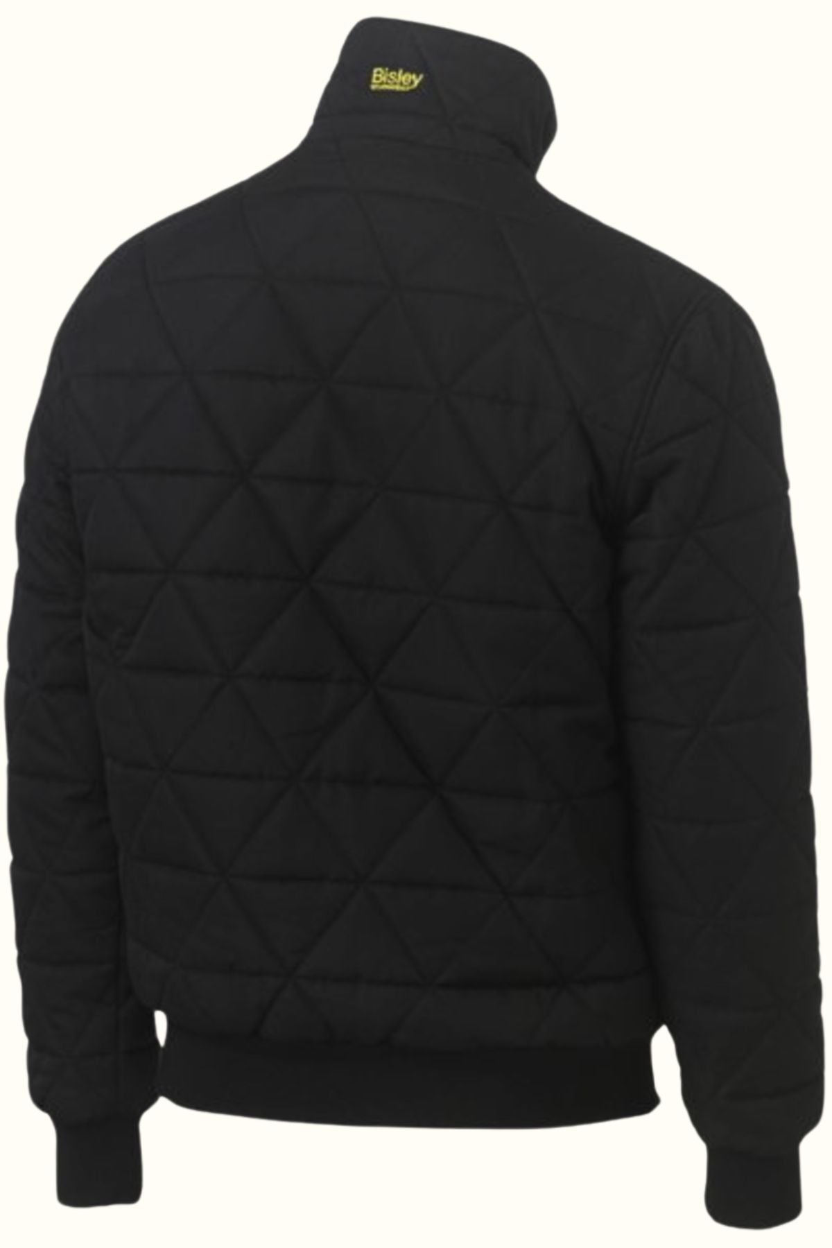 A black Bisley Quilted Bomber Jacket shown from the back features a standing collar, ribbed waistband and cuffs, with the Bisley logo in yellow on the collar of this stylish jacket.