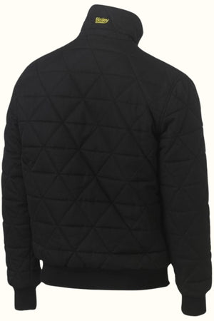 A black Bisley Quilted Bomber Jacket shown from the back features a standing collar, ribbed waistband and cuffs, with the Bisley logo in yellow on the collar of this stylish jacket.