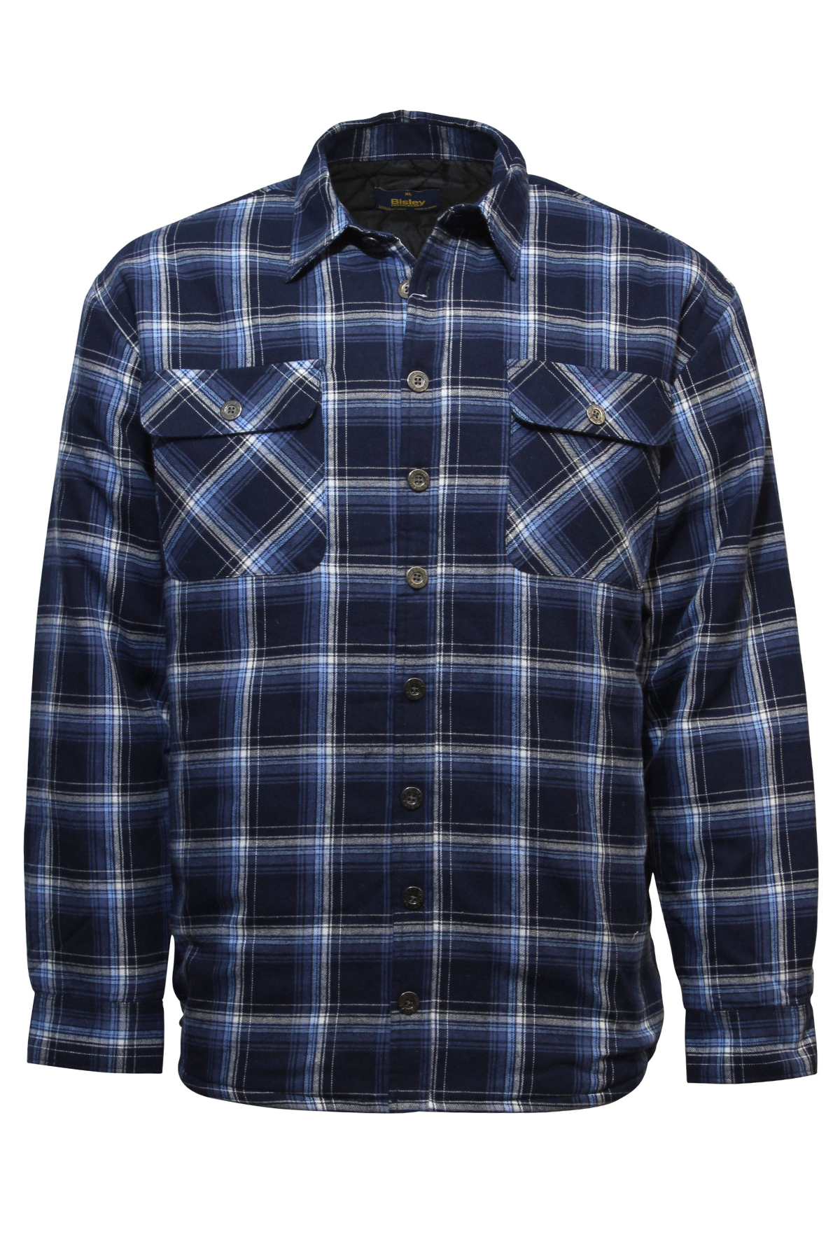 The Bisley Quilted Cotton Flannelette Shirt is a long-sleeve, button-up shirt made from brushed cotton, with a blue, black, and white plaid pattern and two chest pockets with button flaps.