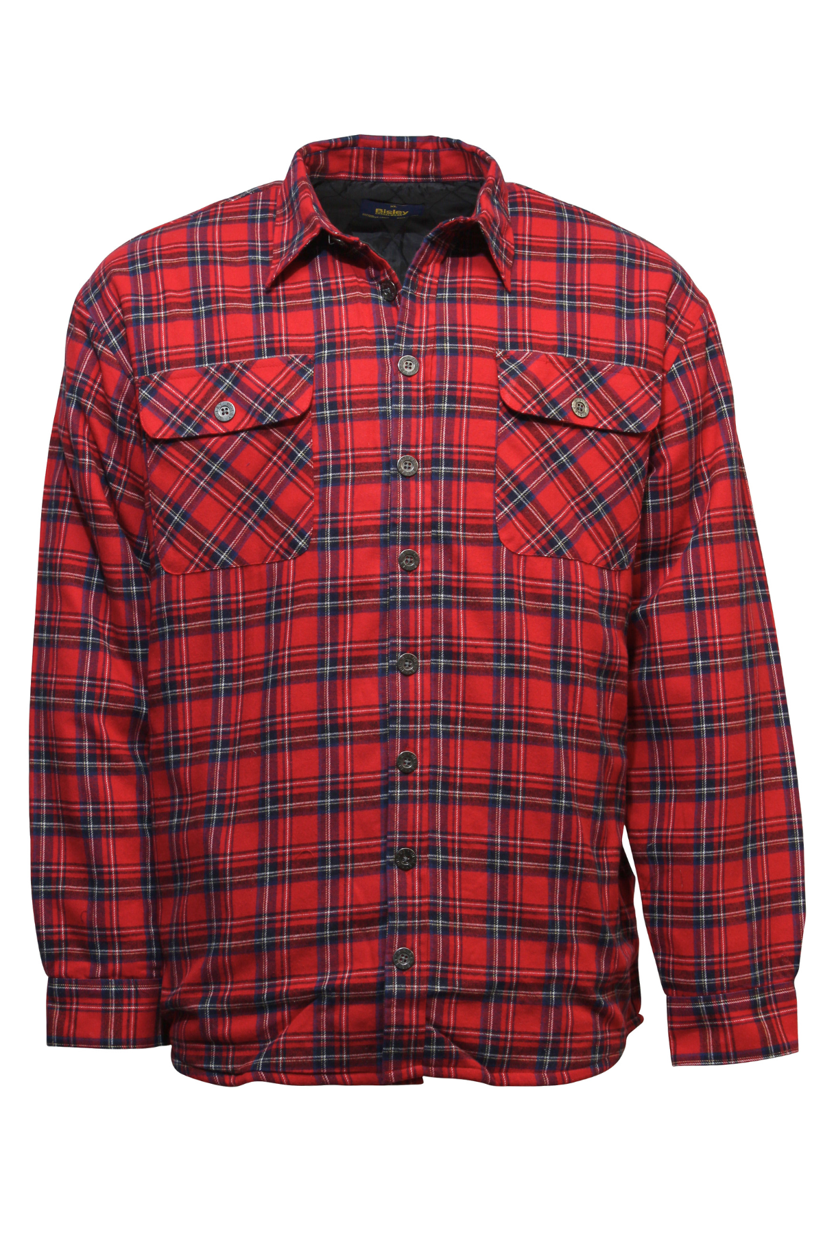 The Bisley Quilted Cotton Flannelette Shirt is a long-sleeved flannel shirt with button-front closure and polyester lining. This quilted shirt includes two buttoned chest pockets and a collar, featuring a plaid pattern with shades of red, black, and white.