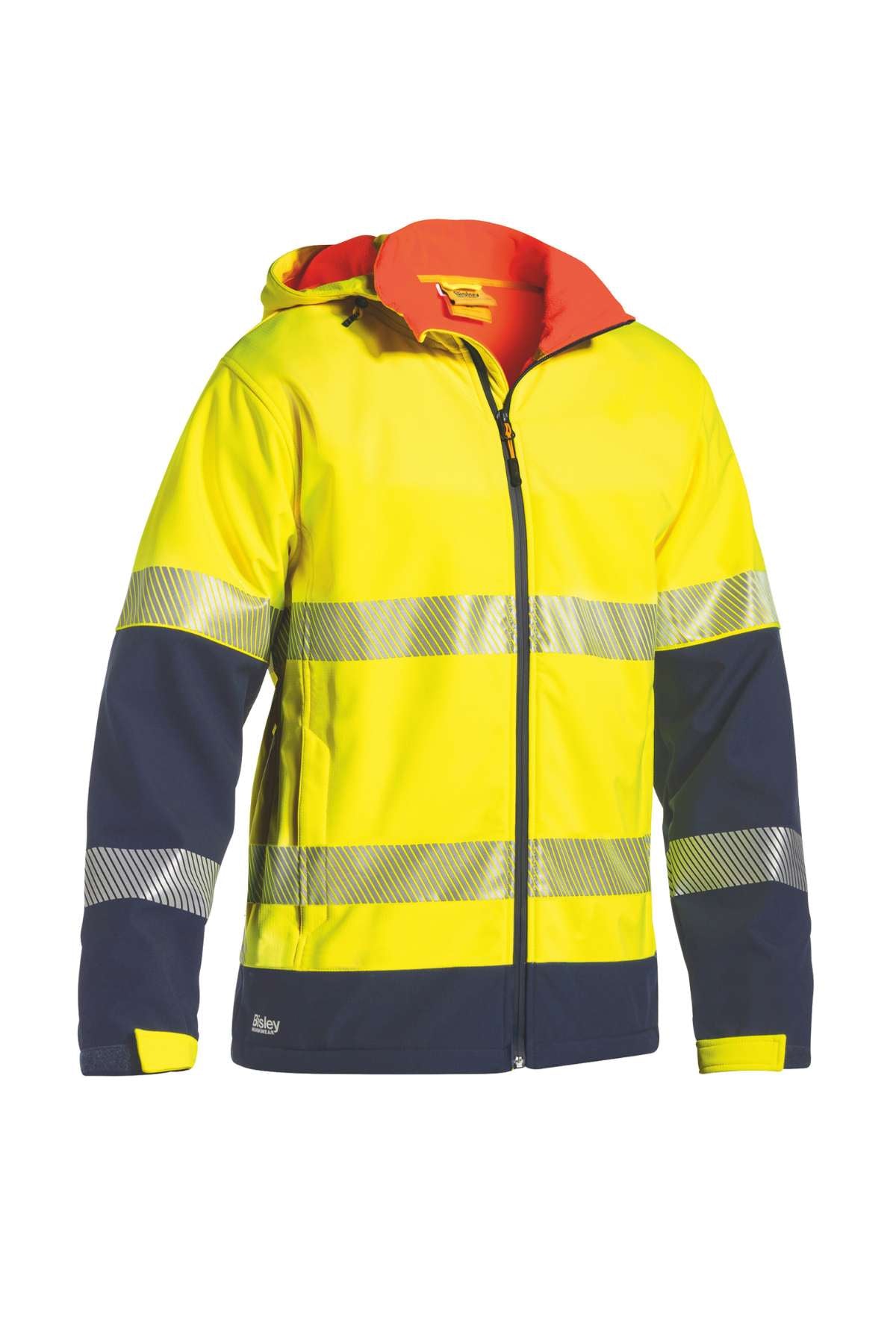Presenting the Bisley Ripstop Bond Fleece Jacket, a high-visibility garment in yellow and navy blue. It features reflective stripes across the chest and sleeves, crafted from cotton fiber with a front zipper and an orange inner lining.
