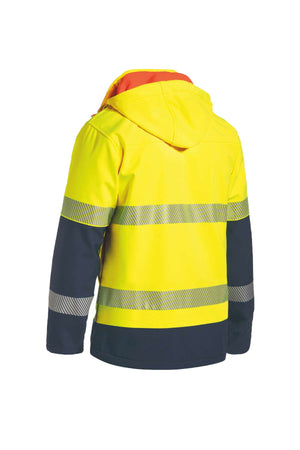 The Bisley Ripstop Bond Fleece Jacket features a bright yellow body, black lower sleeves, and reflective silver stripes for enhanced safety and sun protection. It includes a durable cotton fiber hood in yellow. The image provides a comprehensive look by showcasing the back view of the jacket's design.