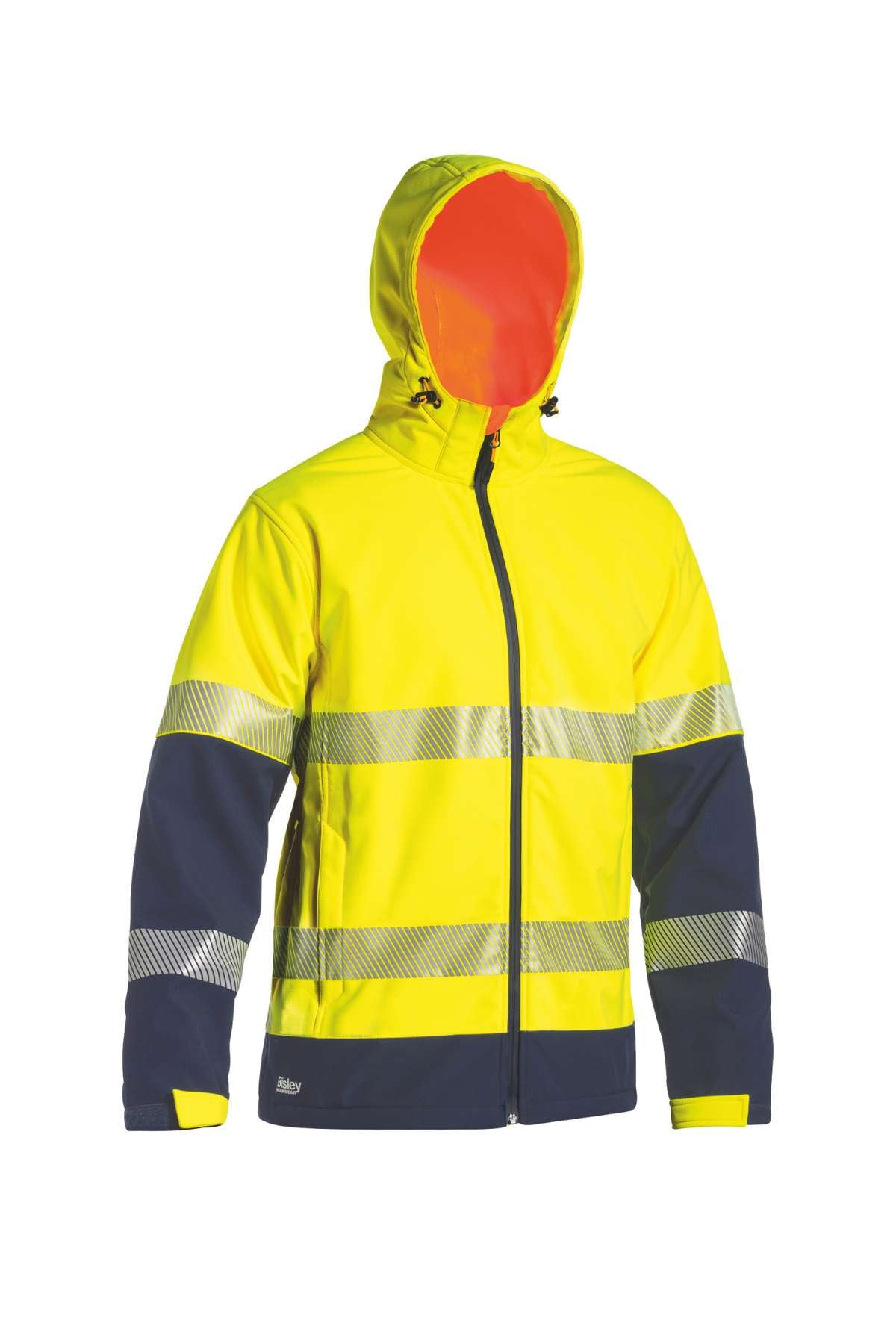 The Bisley Ripstop Bond Fleece Jacket is designed with a bright yellow and dark blue pattern. It is made from durable cotton fiber and features reflective stripes across the chest, arms, and waist. The jacket also includes a hood and front zipper, offering both safety and sun protection for enhanced visibility.