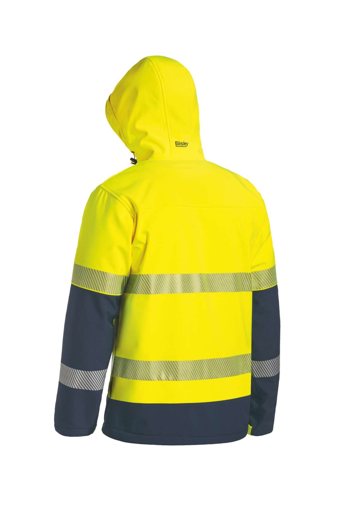 The Bisley Ripstop Bond Fleece Jacket is a high-visibility garment made from cotton fiber and adorned with black reflective stripes. It includes a hood and long sleeves, designed to ensure safety in low light conditions, while the back view accentuates its vivid color and reflective elements, making it perfect for sun protection.
