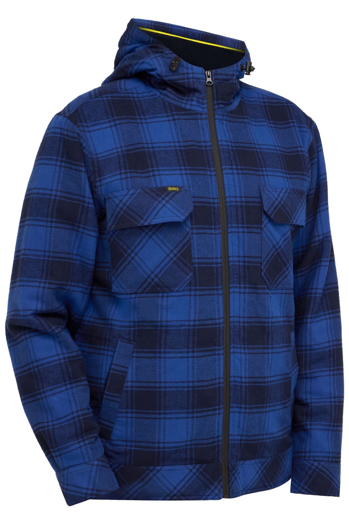 The Bisley Sherpa Lined Zip Hoodie is a blue and black plaid cotton flannelette jacket with a hood, front zipper, flap chest pockets, side pockets, and relaxed fit made from soft, warm material—perfect as a workwear essential.