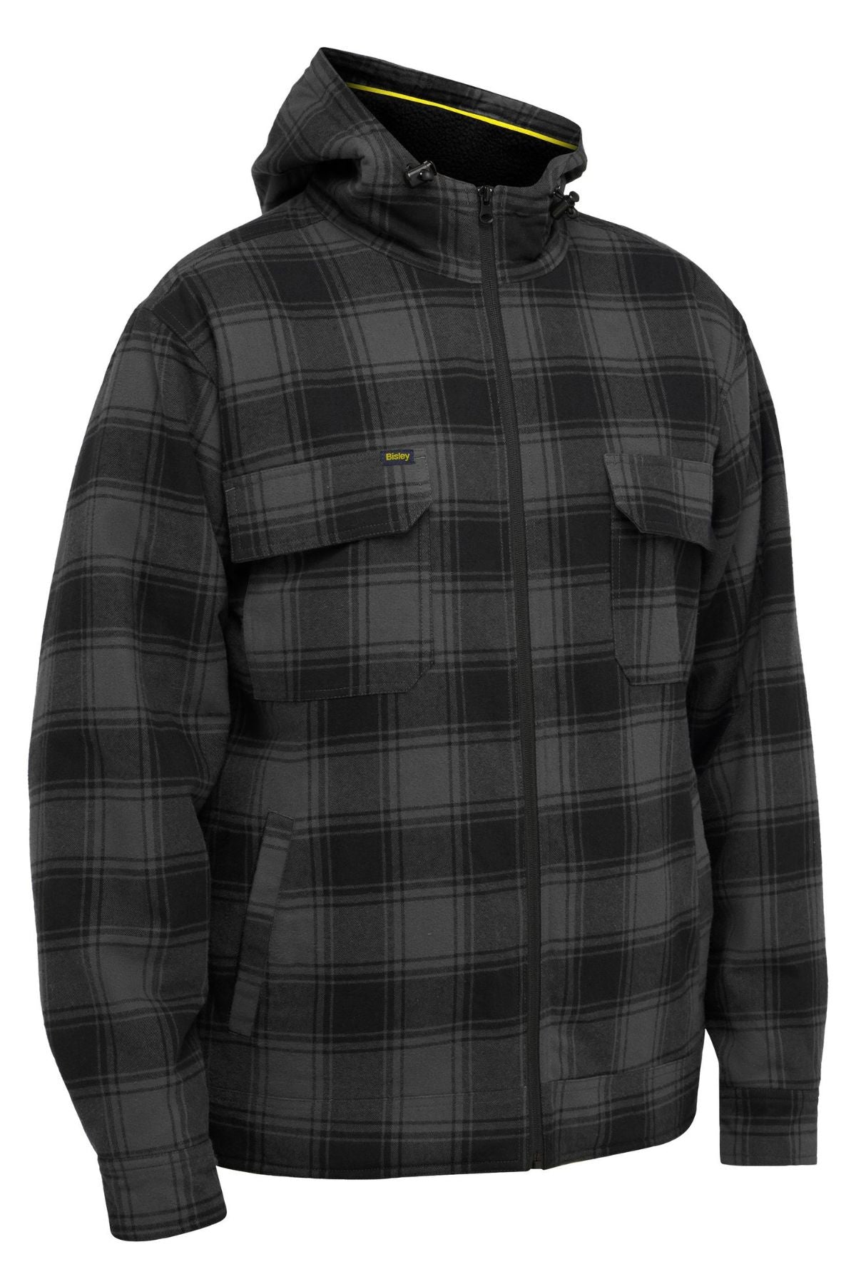 The Bisley Sherpa Lined Zip Hoodie, in black and gray plaid cotton flannelette, features two chest pockets, a sherpa lining, and a front zipper. Shown on a plain white background.
