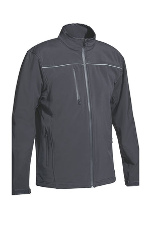 The Bisley Soft Shell Jacket is a black zip-up jacket with a high collar and several zippered pockets on the front. It features subtle reflective piping accents on the chest and wrists to improve visibility, making it ideal for unexpected rain with its showerproof design that balances style and functionality.