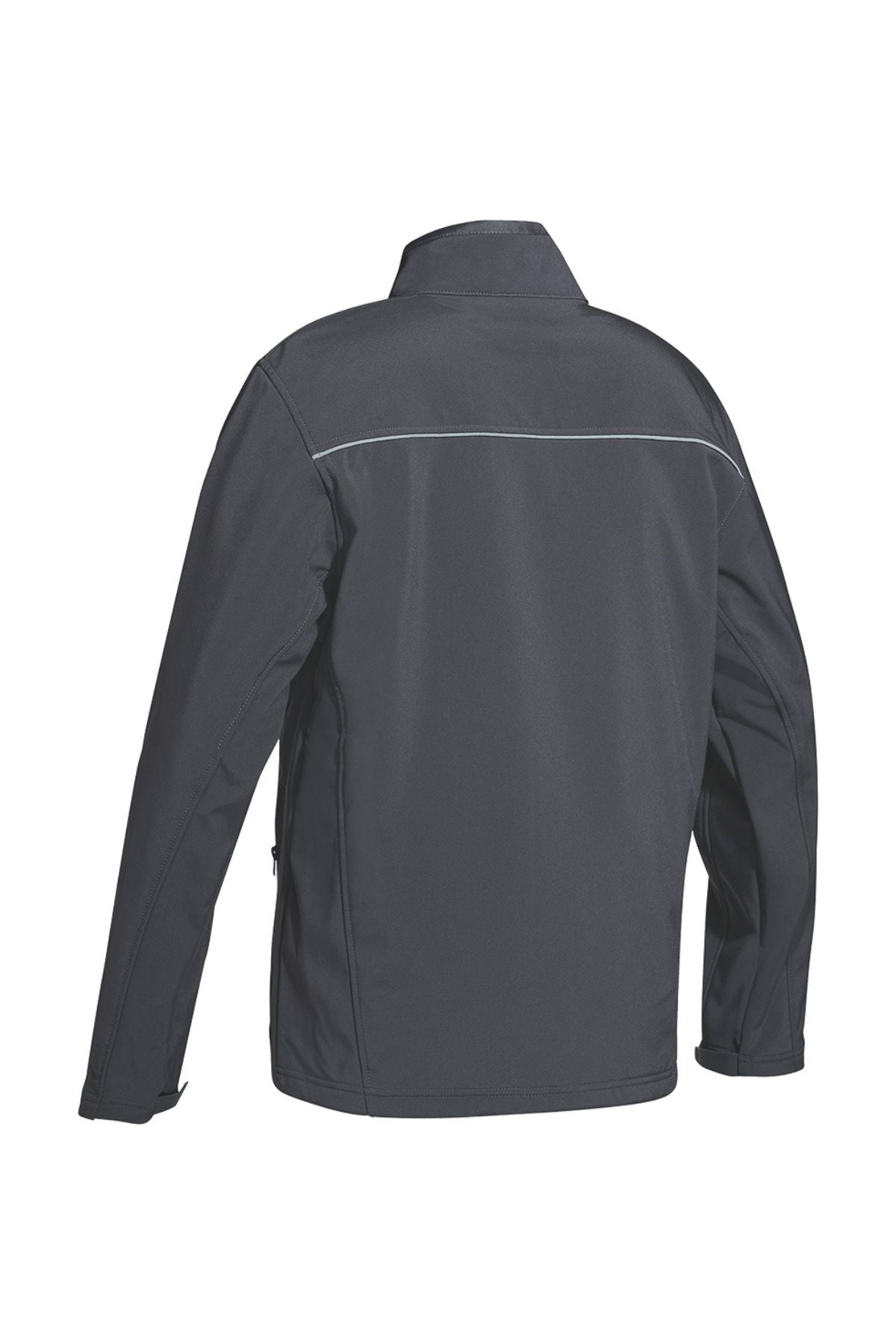 The Bisley Soft Shell Jacket is a black showerproof design with a high collar and long sleeves, shown from the back. It features reflective piping across the upper back, providing a stylish detail. The smooth fabric makes it ideal for cool weather.